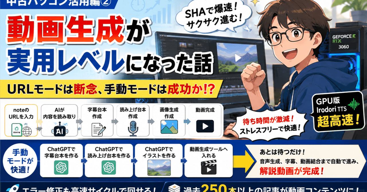 中古パソコン活用編②:動画生成が実用レベルになった話｜URLモードは断念、手動モードは成功か！？