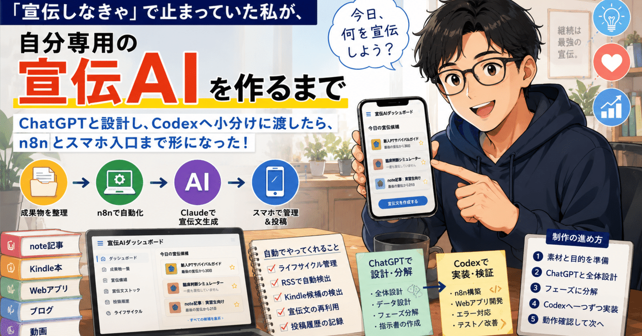「宣伝しなきゃ」で止まっていた私が、自分専用の宣伝AIを作るまで〜ChatGPTと設計し、Codexへ小分けに渡したら、n8nとスマホ入口まで形になった〜