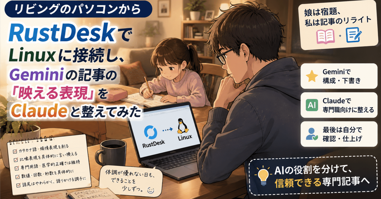 リビングのパソコンからRustDeskでLinuxに接続し、Geminiの記事の「映える表現」をClaudeと整えてみた、