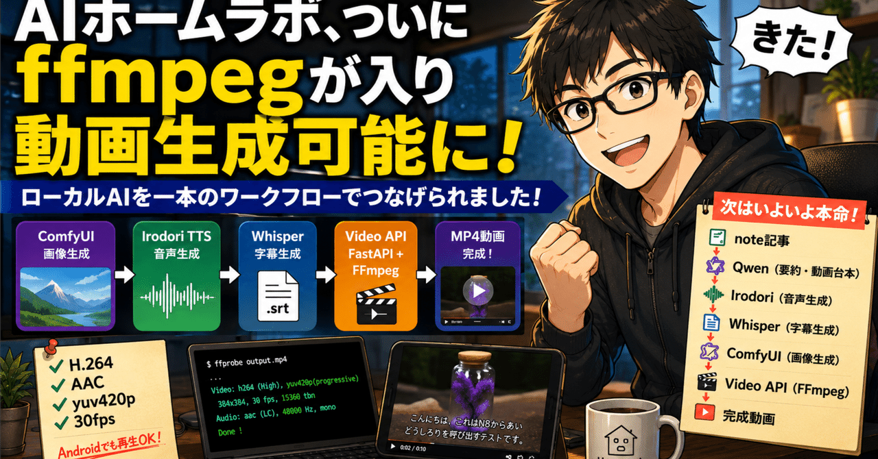 AIホームラボ、ついにffmpegが入り動画生成可能に！ローカルAIを一本のワークフローでつなげられました！