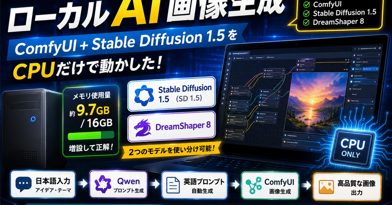 【ホームラボ日記】ついにローカルAI画像生成！ComfyUI＋Stable Diffusion 1.5をCPUだけで動かした