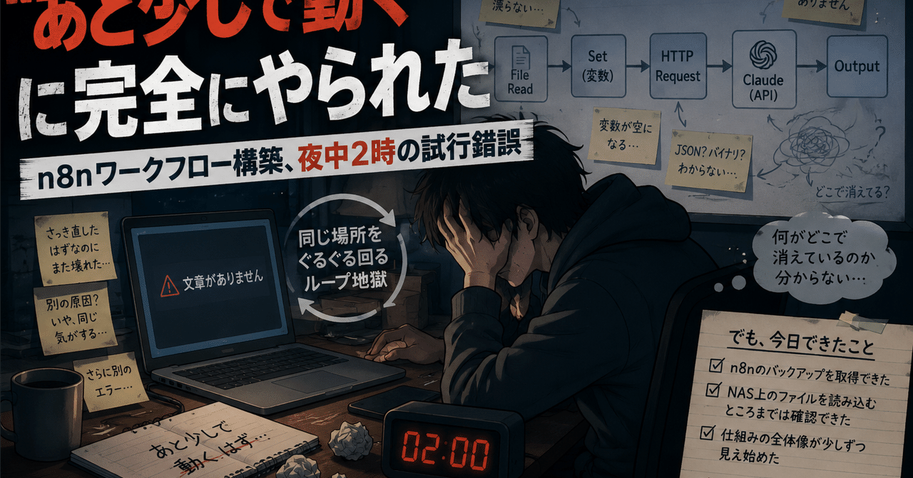 「あと少しで動く」に完全にやられた——n8nワークフロー構築、夜中2時の試行錯誤