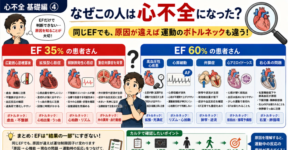 心不全の原因と運動制限因子を整理する図解
